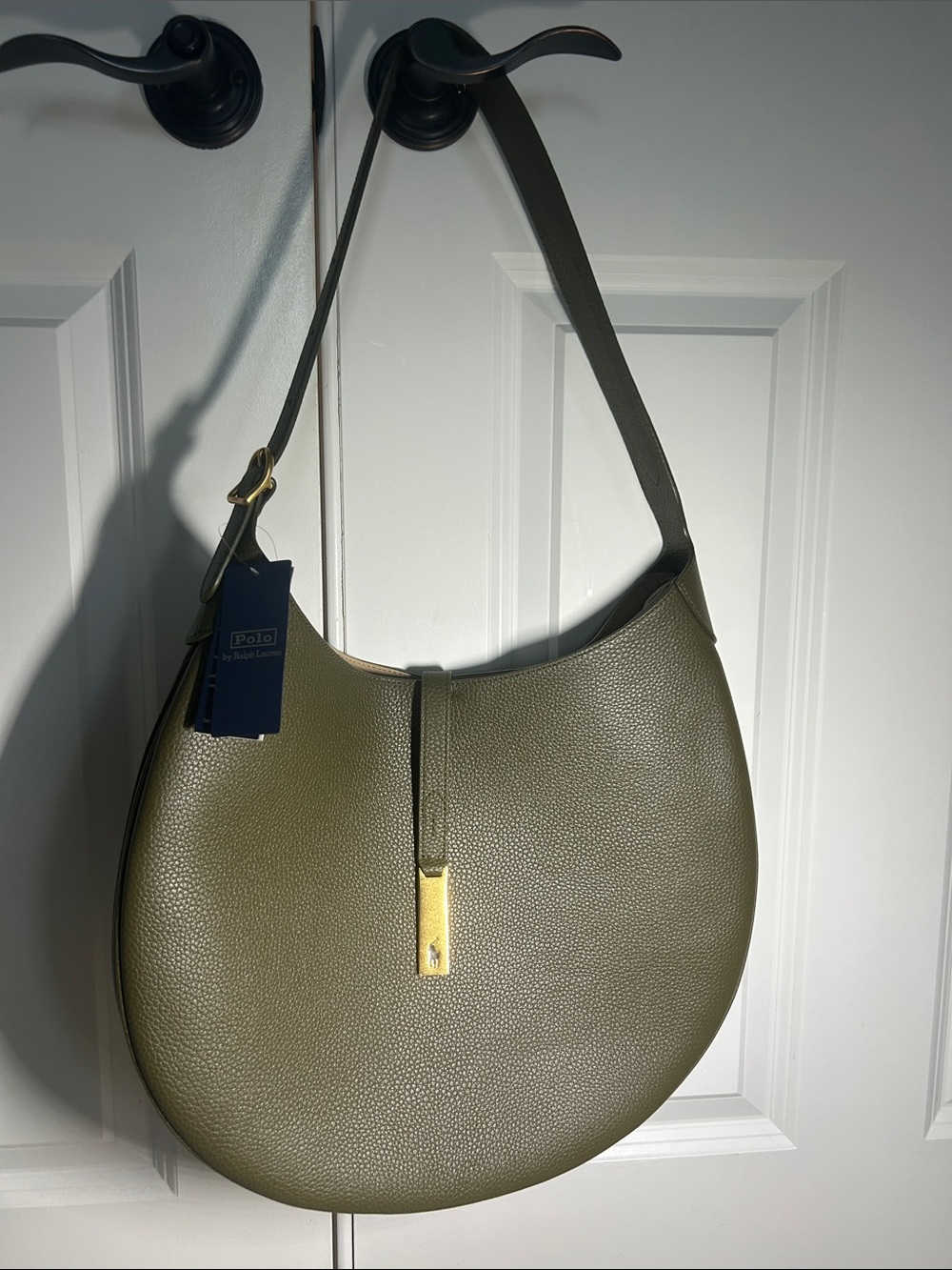 Polo by Ralph Lauren Olive Pebbled Leather Crescent Hobo with Gold Accent